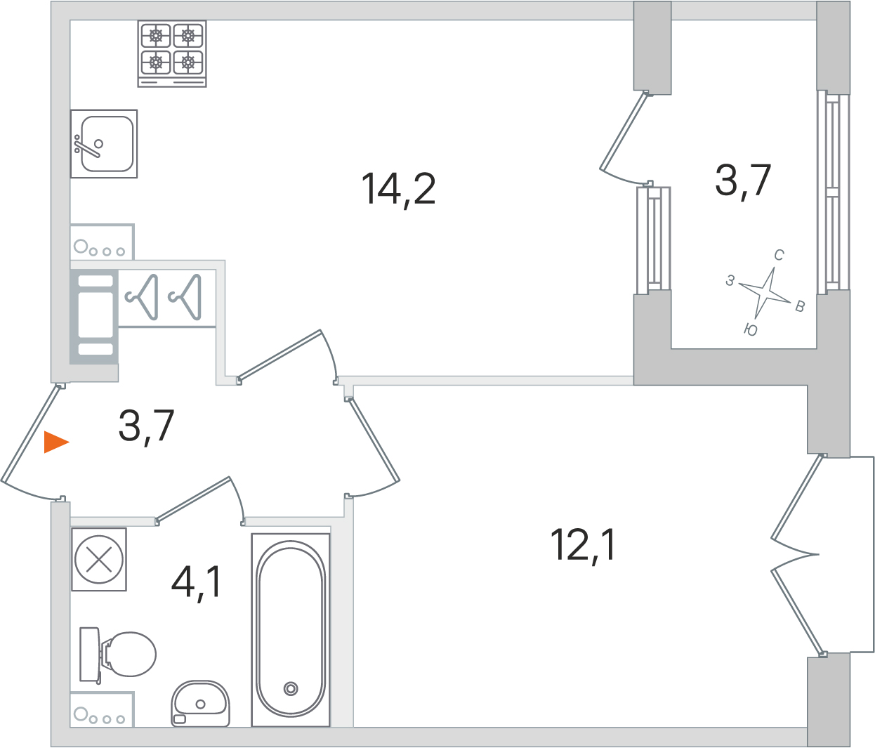 1 комн. квартира, 34.1 м², 4 этаж 