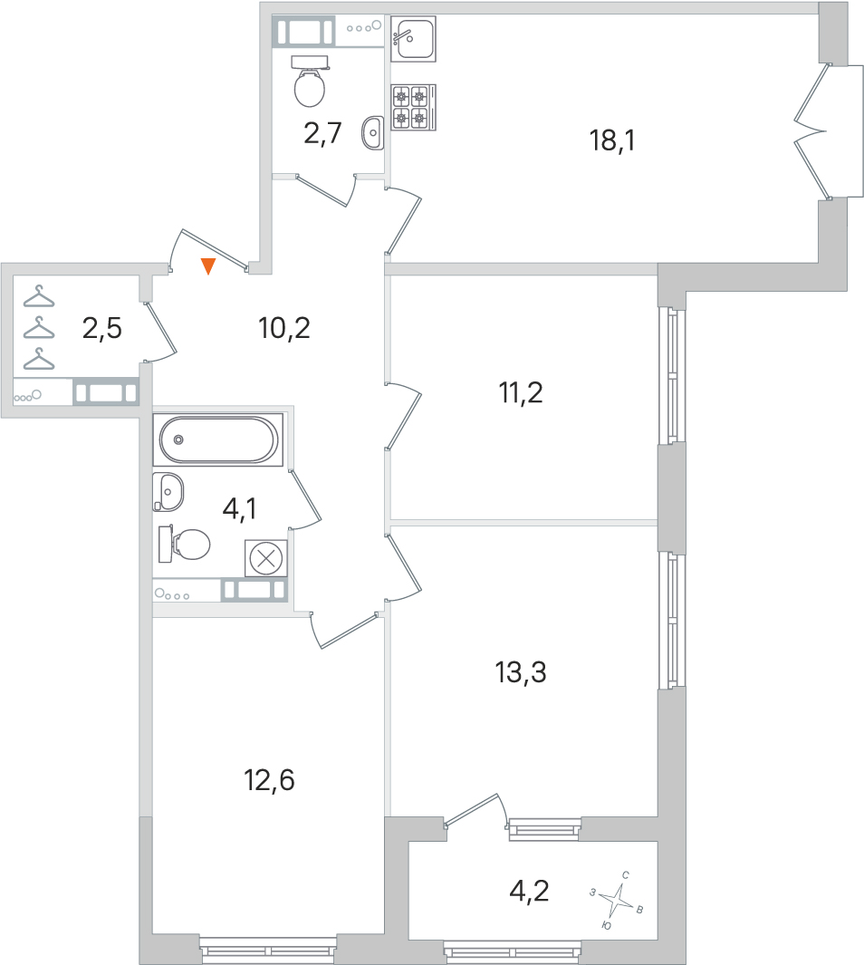 3 комн. квартира, 74.7 м², 3 этаж 