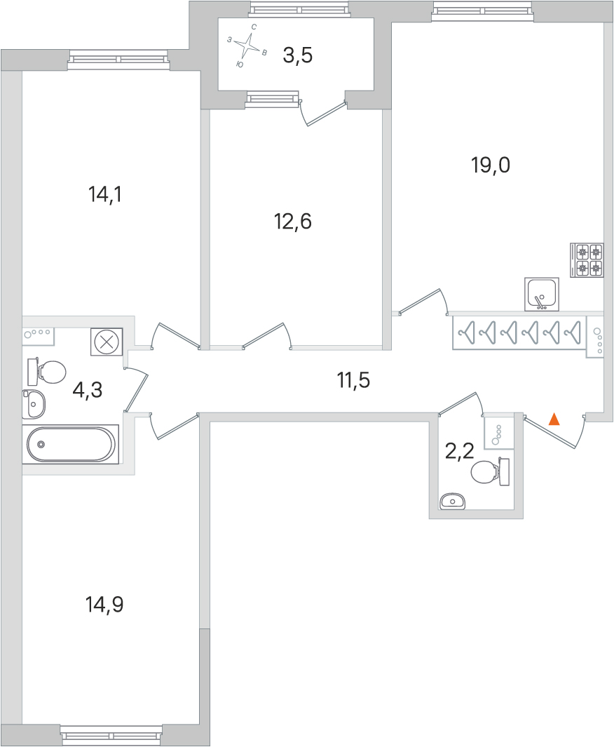 3 комн. квартира, 78.6 м², 1 этаж 