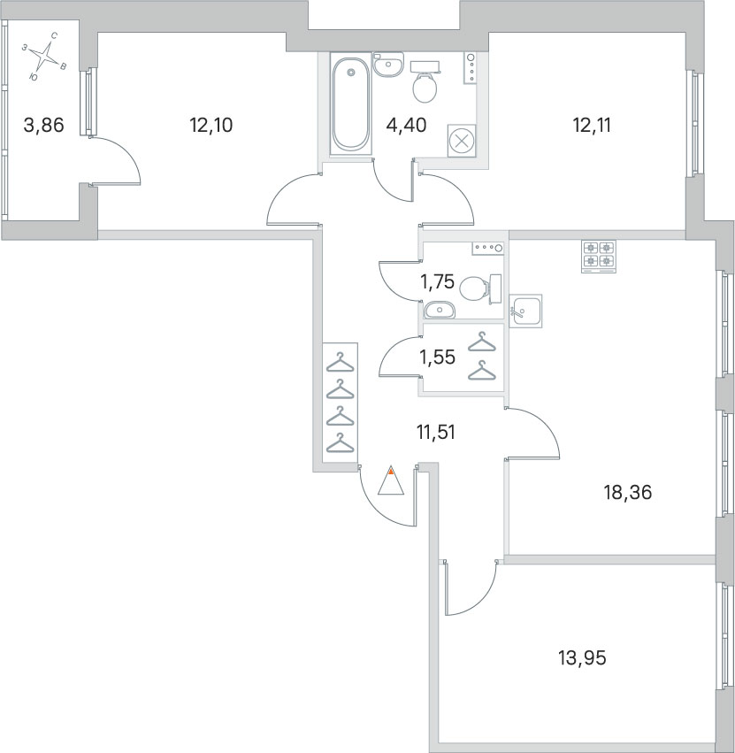 3 комн. квартира, 75.7 м², 1 этаж 