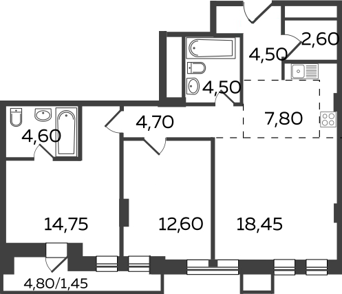 3 комн. квартира, 76.6 м², 7 этаж 