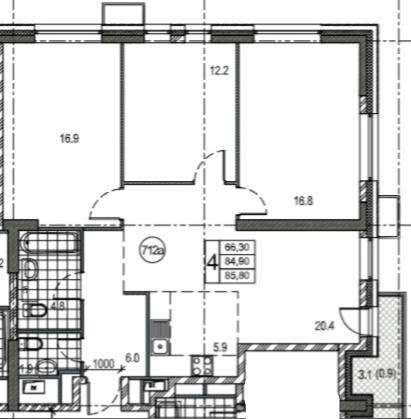 4 комн. квартира, 86.8 м², 12 этаж 