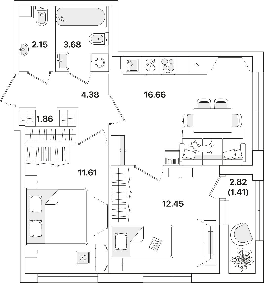 2 комн. квартира, 54.2 м², 1 этаж 