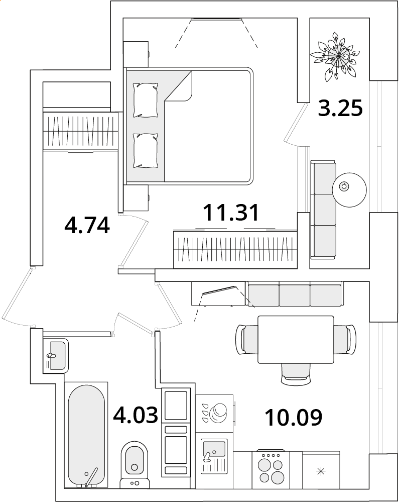 1 комн. квартира, 31.8 м², 17 этаж 