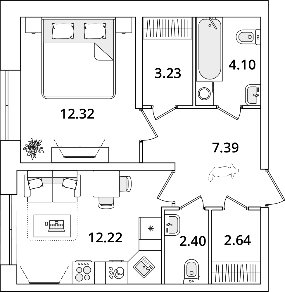 1 комн. квартира, 44.3 м², 1 этаж 