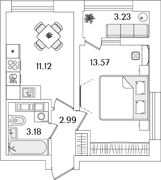 1 комн. квартира, 32.5 м², 14 этаж 
