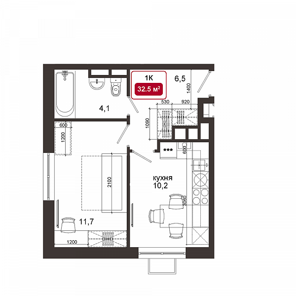 1 комн. квартира, 32.5 м², 4 этаж 