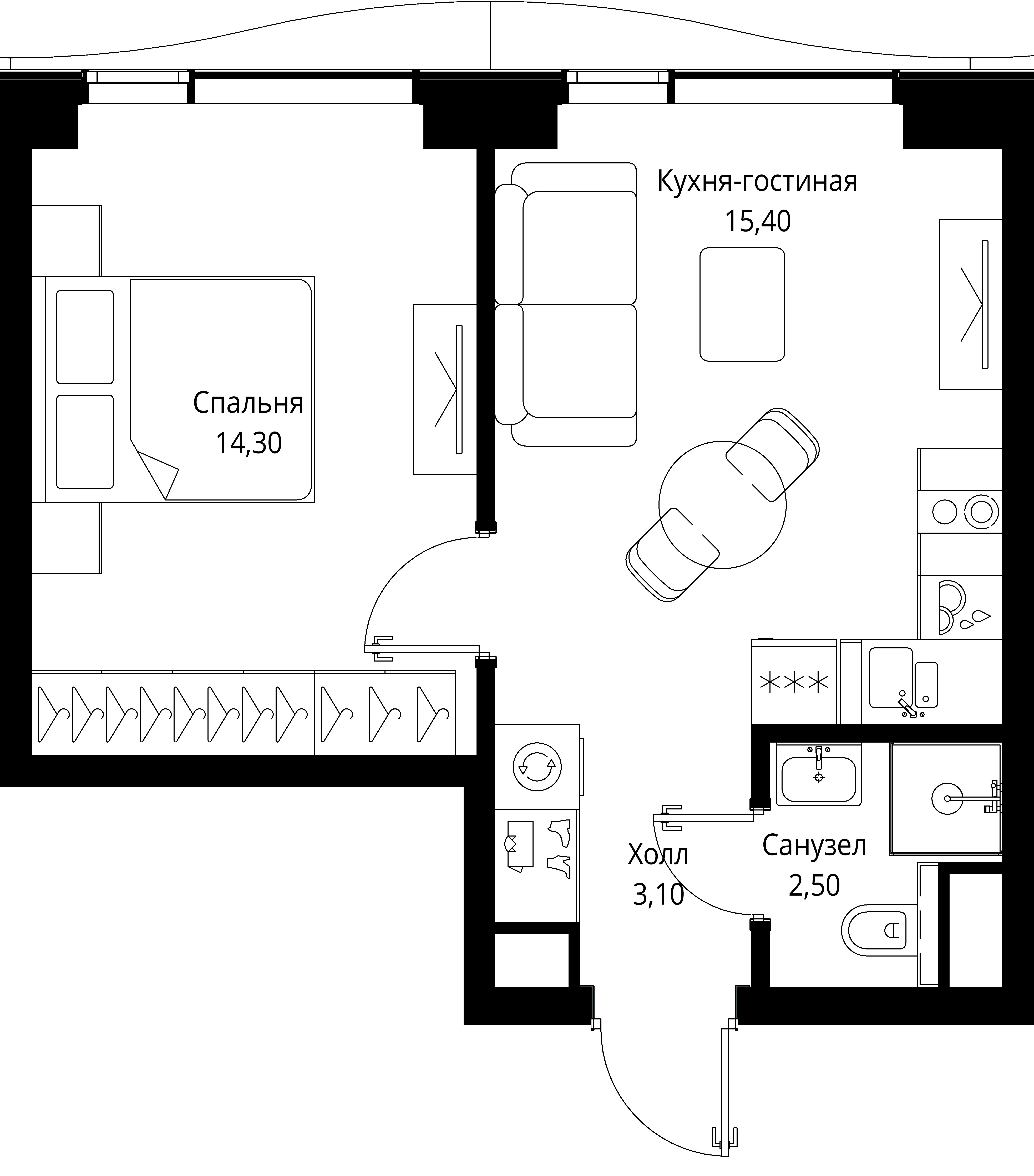 1 комн. квартира, 35.3 м², 24 этаж 