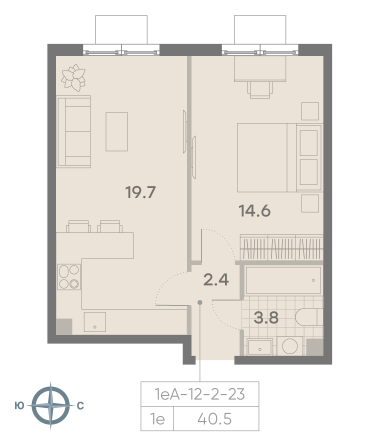 1 комн. квартира, 40.5 м², 8 этаж 