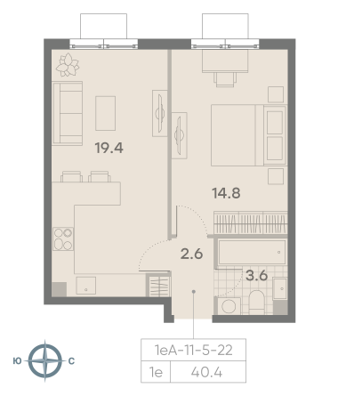 1 комн. квартира, 40.4 м², 19 этаж 