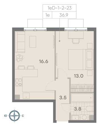 1 комн. квартира, 36.9 м², 17 этаж 