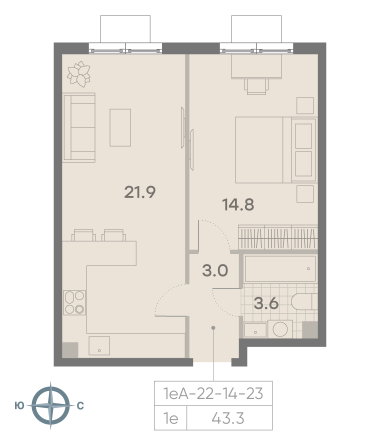 1 комн. квартира, 43.3 м², 17 этаж 