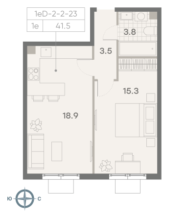 1 комн. квартира, 41.5 м², 19 этаж 