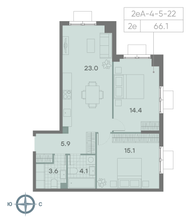 2 комн. квартира, 66.1 м², 13 этаж 