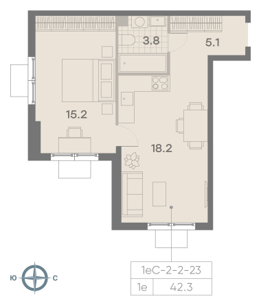 1 комн. квартира, 42.3 м², 23 этаж 