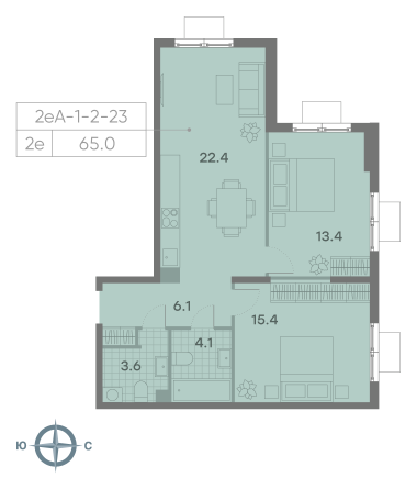 2 комн. квартира, 65 м², 13 этаж 