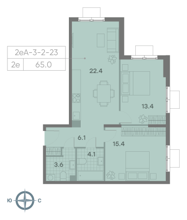 2 комн. квартира, 65 м², 23 этаж 