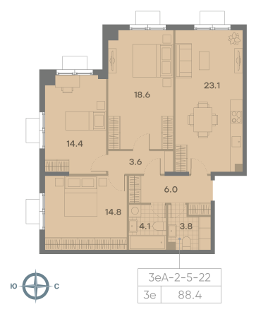 3 комн. квартира, 88.4 м², 19 этаж 