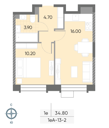 1 комн. квартира, 34.8 м², 2 этаж 