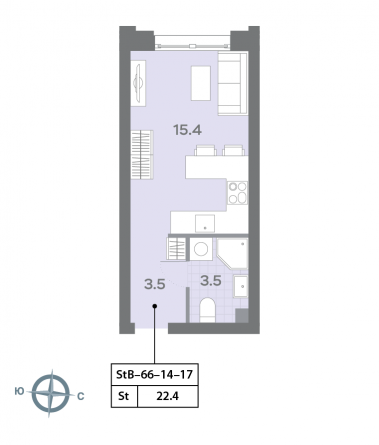 студия, 22.3 м², 16 этаж 