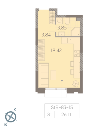 студия, 26.1 м², 15 этаж 