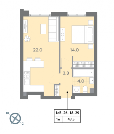 1 комн. квартира, 43.3 м², 25 этаж 
