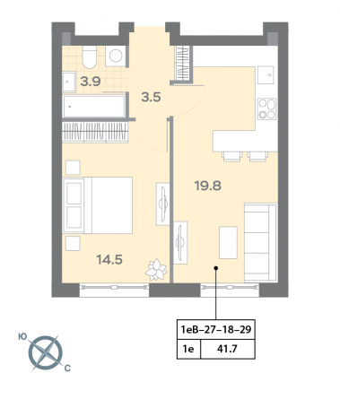 1 комн. квартира, 41.8 м², 25 этаж 