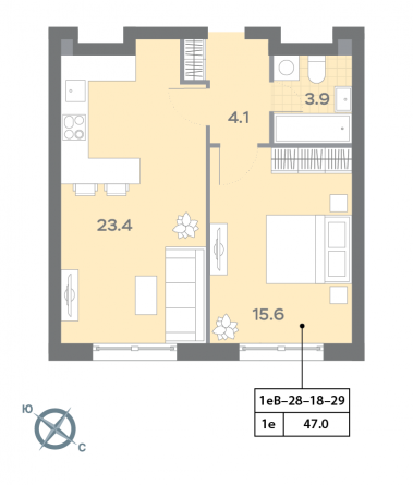 1 комн. квартира, 47 м², 26 этаж 