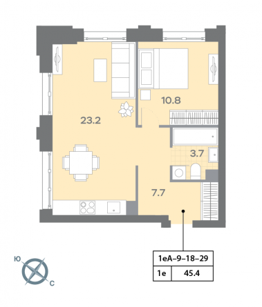 1 комн. квартира, 45.2 м², 27 этаж 