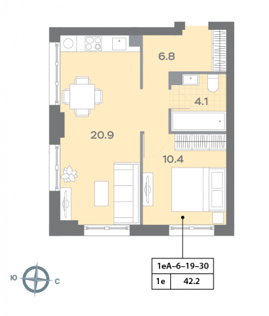 1 комн. квартира, 42 м², 19 этаж 