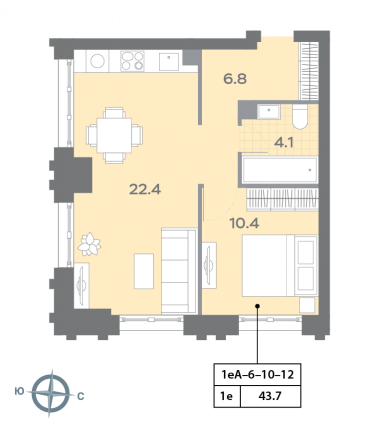 1 комн. квартира, 43.4 м², 11 этаж 