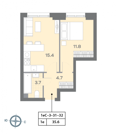 1 комн. квартира, 35.7 м², 32 этаж 