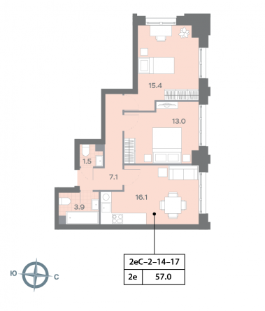 2 комн. квартира, 57.2 м², 16 этаж 