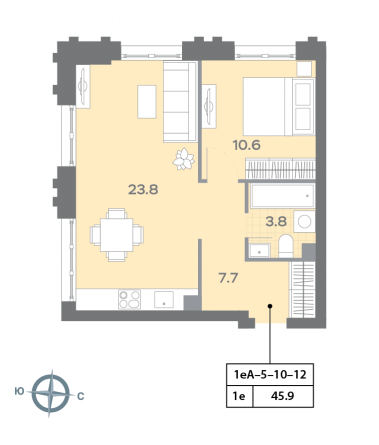 1 комн. квартира, 45.8 м², 11 этаж 