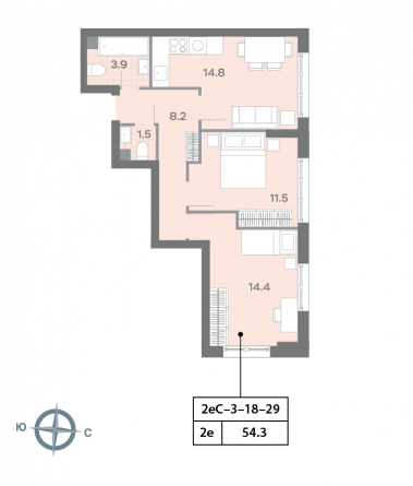 2 комн. квартира, 54.4 м², 18 этаж 