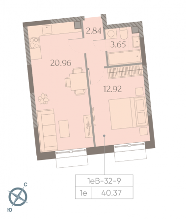 1 комн. квартира, 40.4 м², 9 этаж 