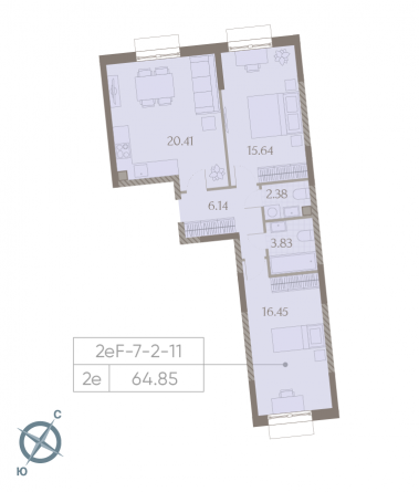2 комн. квартира, 64.9 м², 6 этаж 