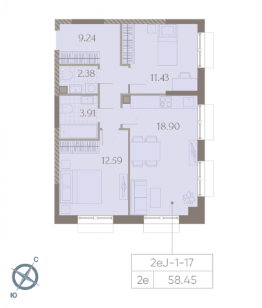 2 комн. квартира, 58.5 м², 17 этаж 