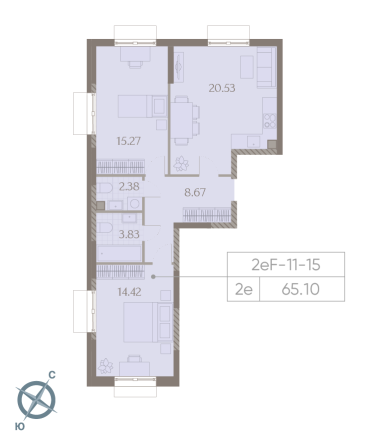 2 комн. квартира, 65.1 м², 15 этаж 