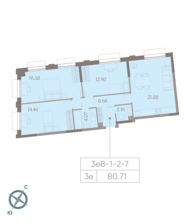 3 комн. квартира, 80.7 м², 7 этаж 
