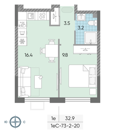 1 комн. квартира, 32.9 м², 10 этаж 