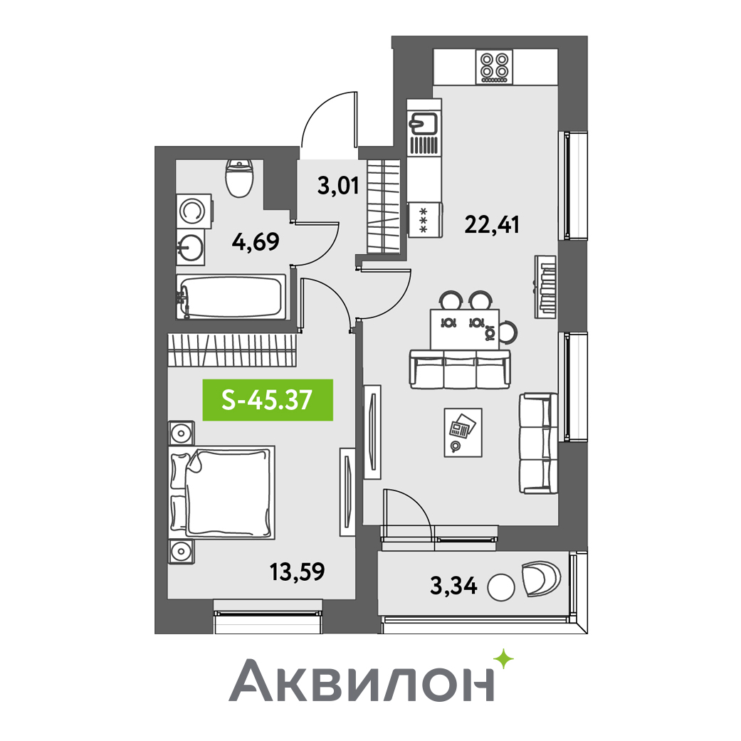 1 комн. квартира, 45.4 м², 12 этаж 