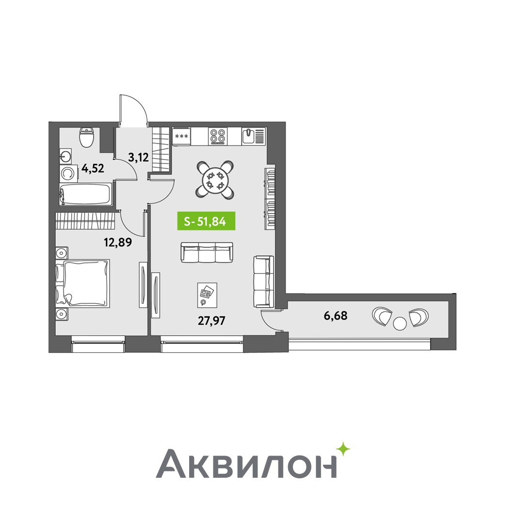 1 комн. квартира, 51.8 м², 12 этаж 