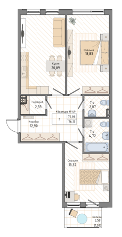2 комн. квартира, 76.1 м², 5 этаж 