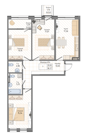 3 комн. квартира, 86.2 м², 6 этаж 