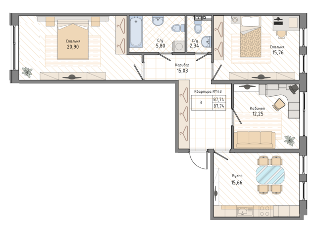 3 комн. квартира, 87.8 м², 4 этаж 