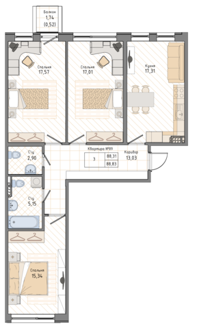 3 комн. квартира, 89.2 м², 5 этаж 