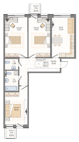 3 комн. квартира, 90.6 м², 2 этаж 