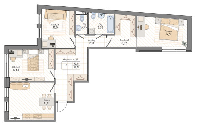 3 комн. квартира, 92.9 м², 2 этаж 