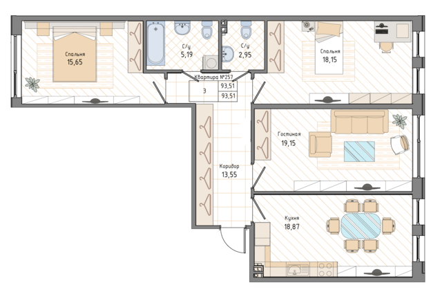 3 комн. квартира, 93.8 м², 2 этаж 